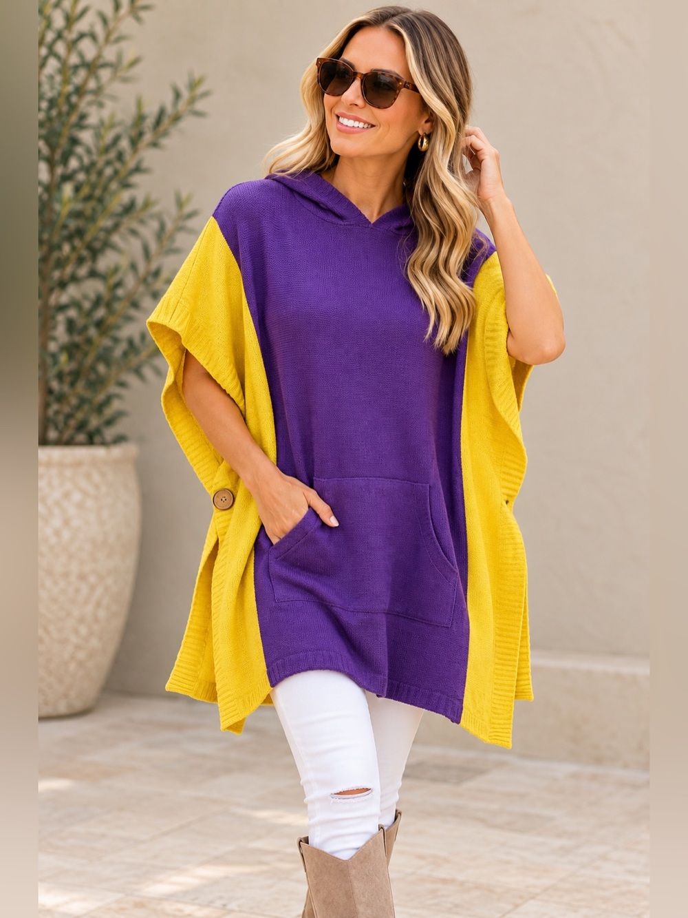 NWT Fanfare Purple and Gold Hooded Poncho Sweater - One Size Fits Most